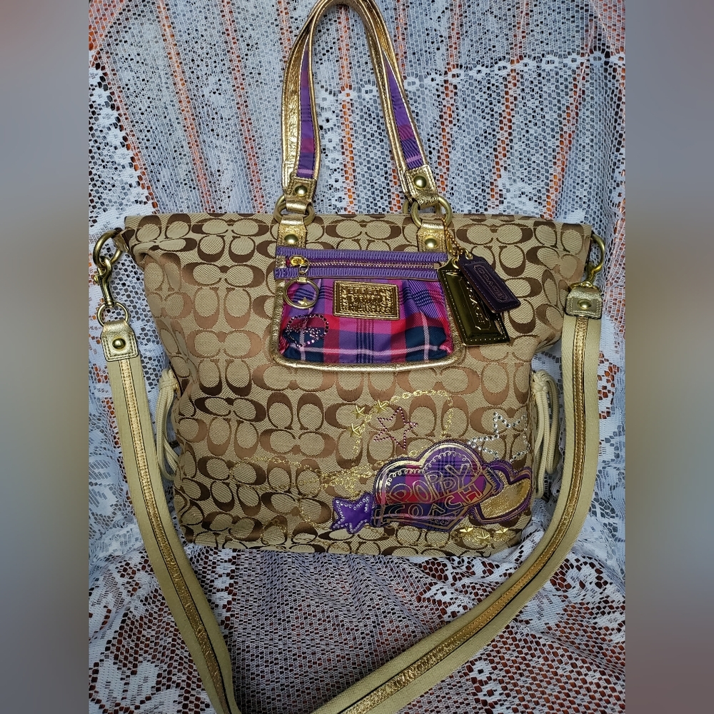 Coach Poppy Spotlight #15881  Applique Tartan Plaid & detachable strap Tote